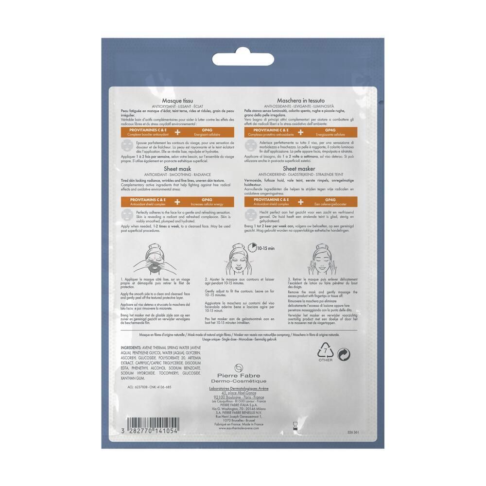Dos de l'emballage du masque tissu Avène A-Oxitive. Texte multilingue, instructions d'utilisation et ingrédients.