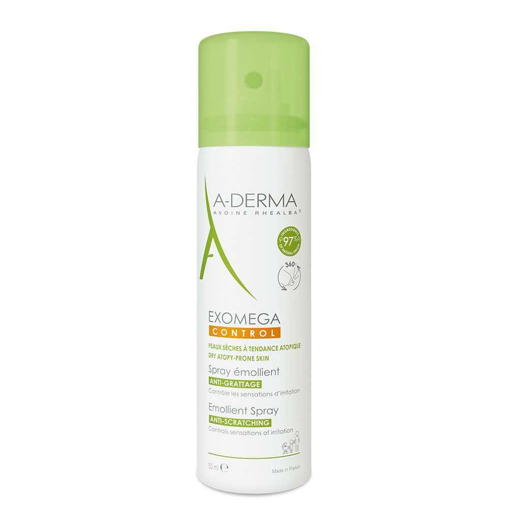 A-DERMA Exomega Control Spray. Weiße Flasche mit grünem Deckel. Text: EXOMEGA CONTROL, Spray émollient, Anti-Scratching.