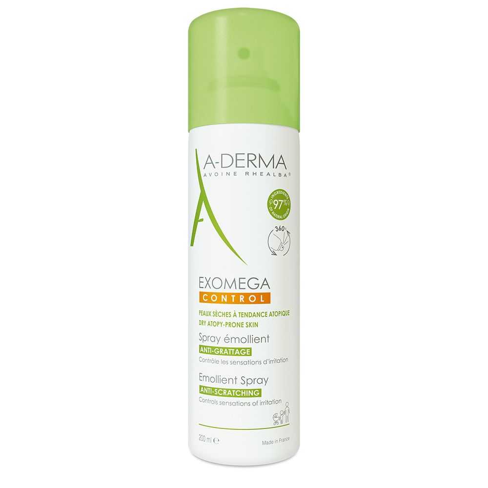 A-DERMA Exomega Control Spray. Weiße Flasche mit grünem Deckel. Produktbeschriftung und Logo.