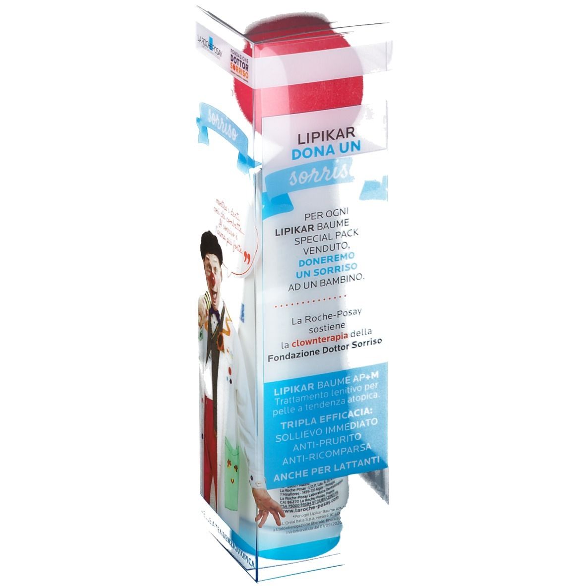 La Roche-Posay Lipikar Baume dans emballage. Texte: Lipikar Baume. Pour chaque produit vendu, un sourire est donné.