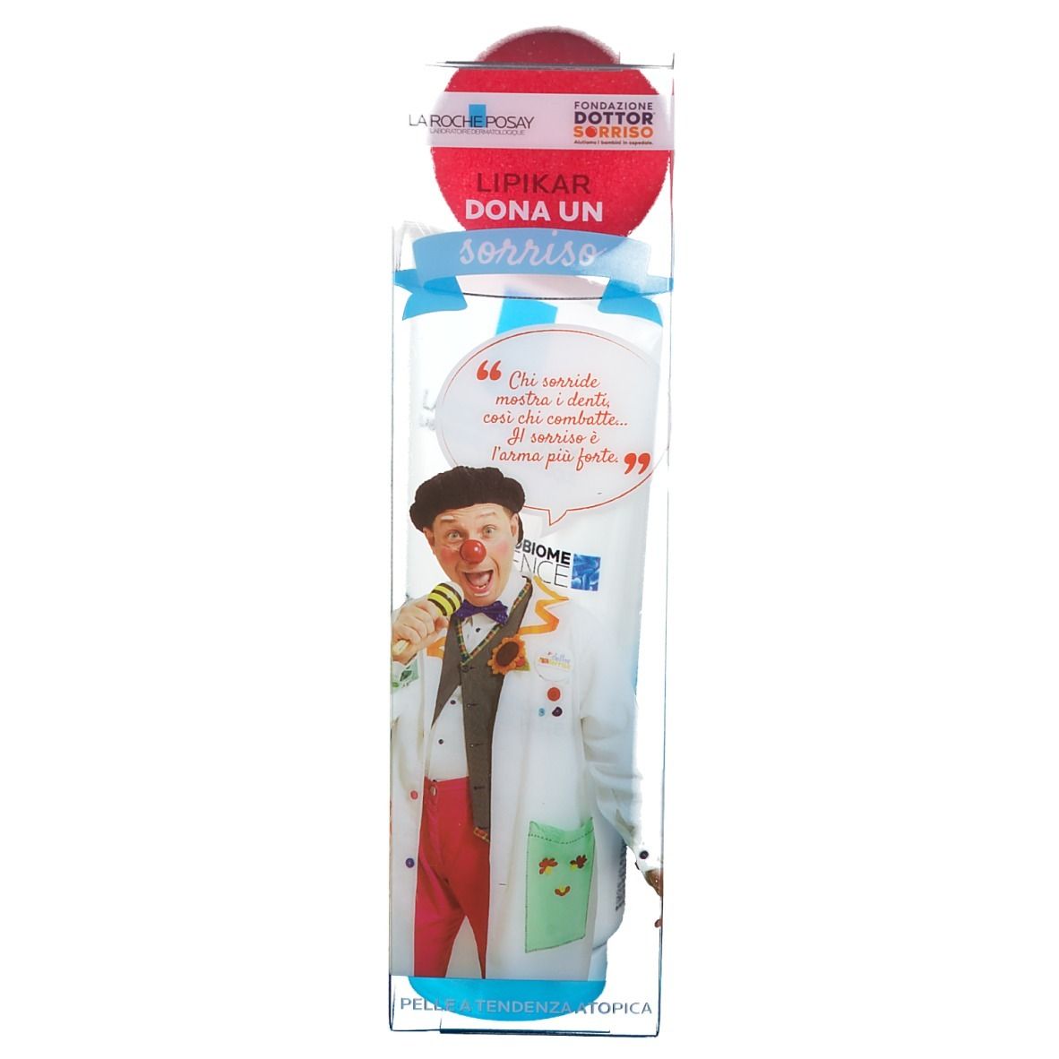 La Roche-Posay Lipikar Baume dans emballage. Illustration de clown. Texte: Lipikar Dona un Sorriso. Pour peaux sensibles.