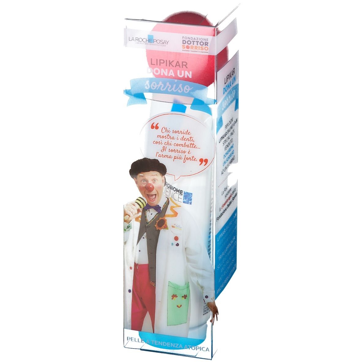La Roche-Posay Lipikar Baume dans emballage. Illustration de clown. Texte: Lipikar Dona un Sorriso. Pour peaux sensibles.