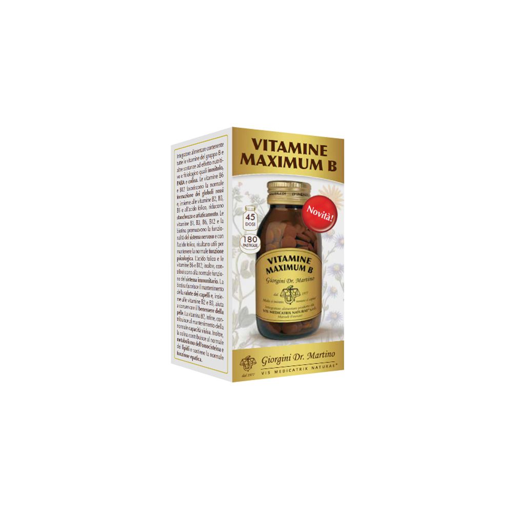 Vitamine Maximum B en boîte. Flacon en verre brun avec comprimés. Inscription: Vitamine Maximum B, 180 Pastiglie.