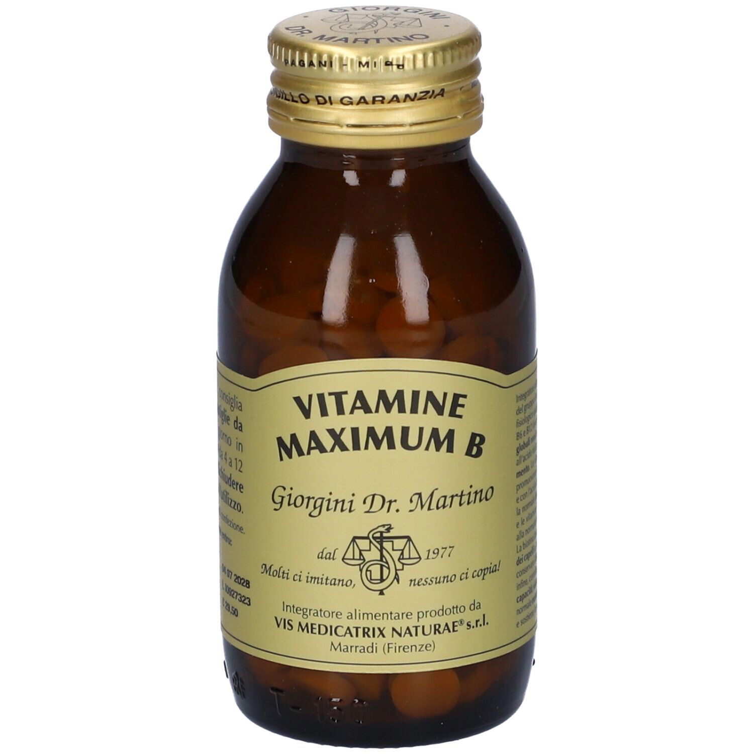 Flacon en verre brun avec comprimés. Inscription: Vitamine Maximum B, Giorgini Dr. Martino. Bouchon doré.