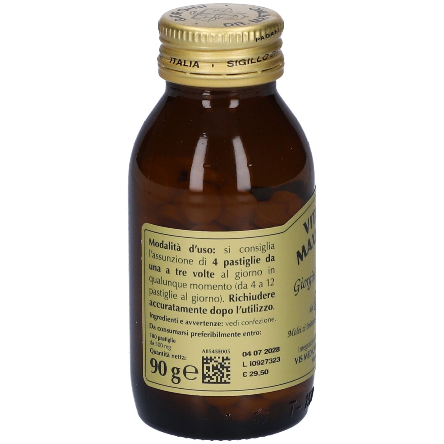 Flacon en verre brun avec comprimés. Inscription: Vitamine Maximum B, Giorgini Dr. Martino. Bouchon doré. Texte au dos.