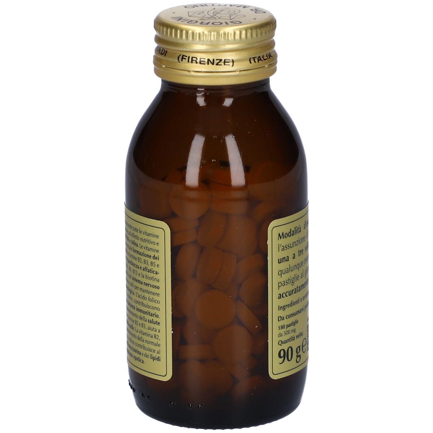 Flacon en verre brun avec comprimés. Inscription: Vitamine Maximum B, Giorgini Dr. Martino. Bouchon doré. Texte au dos.