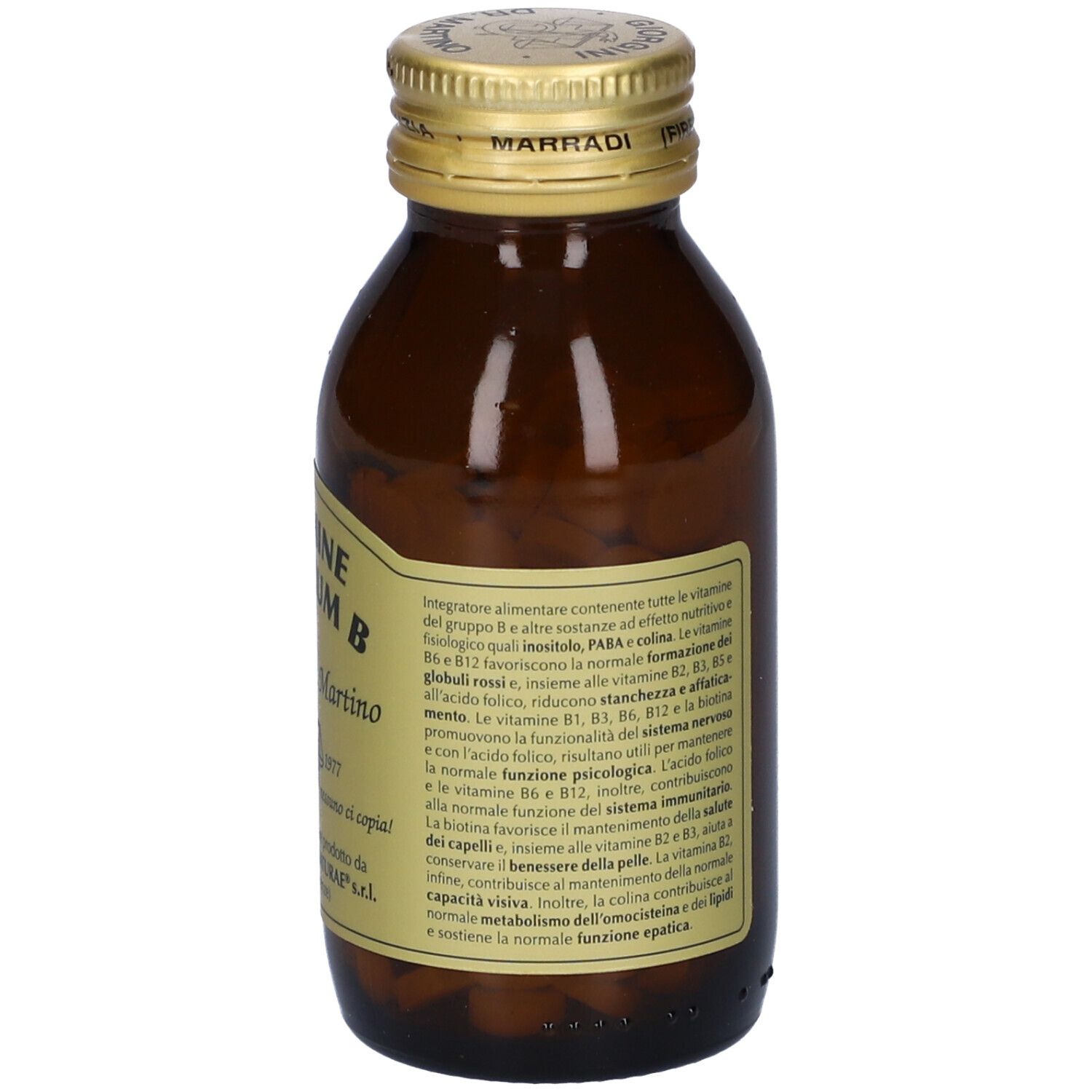 Flacon en verre brun avec comprimés. Inscription: Vitamine Maximum B, Giorgini Dr. Martino. Bouchon doré. Texte au dos.