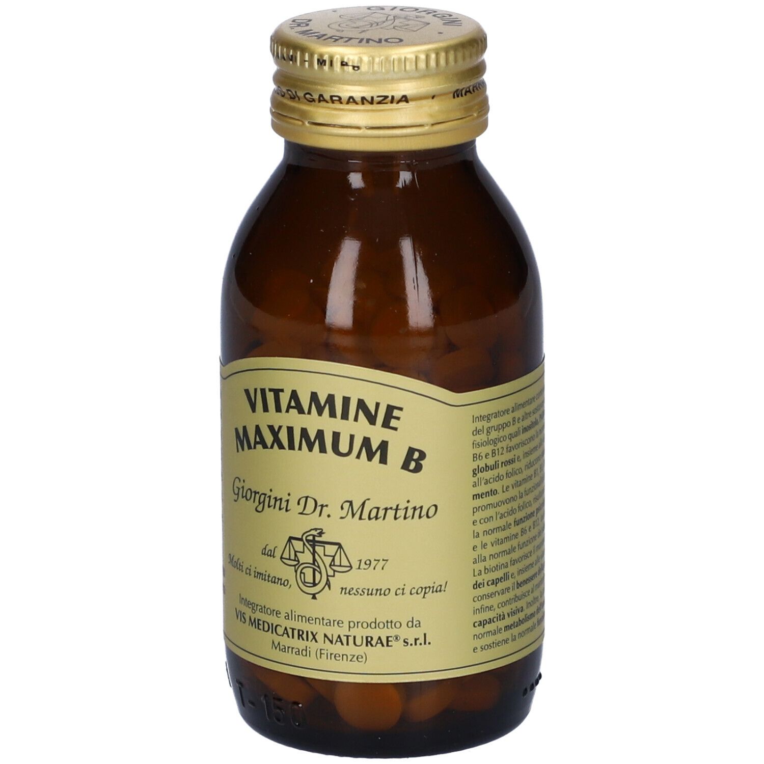 Flacon en verre brun avec comprimés. Inscription: Vitamine Maximum B, Giorgini Dr. Martino. Bouchon doré. Texte au dos.