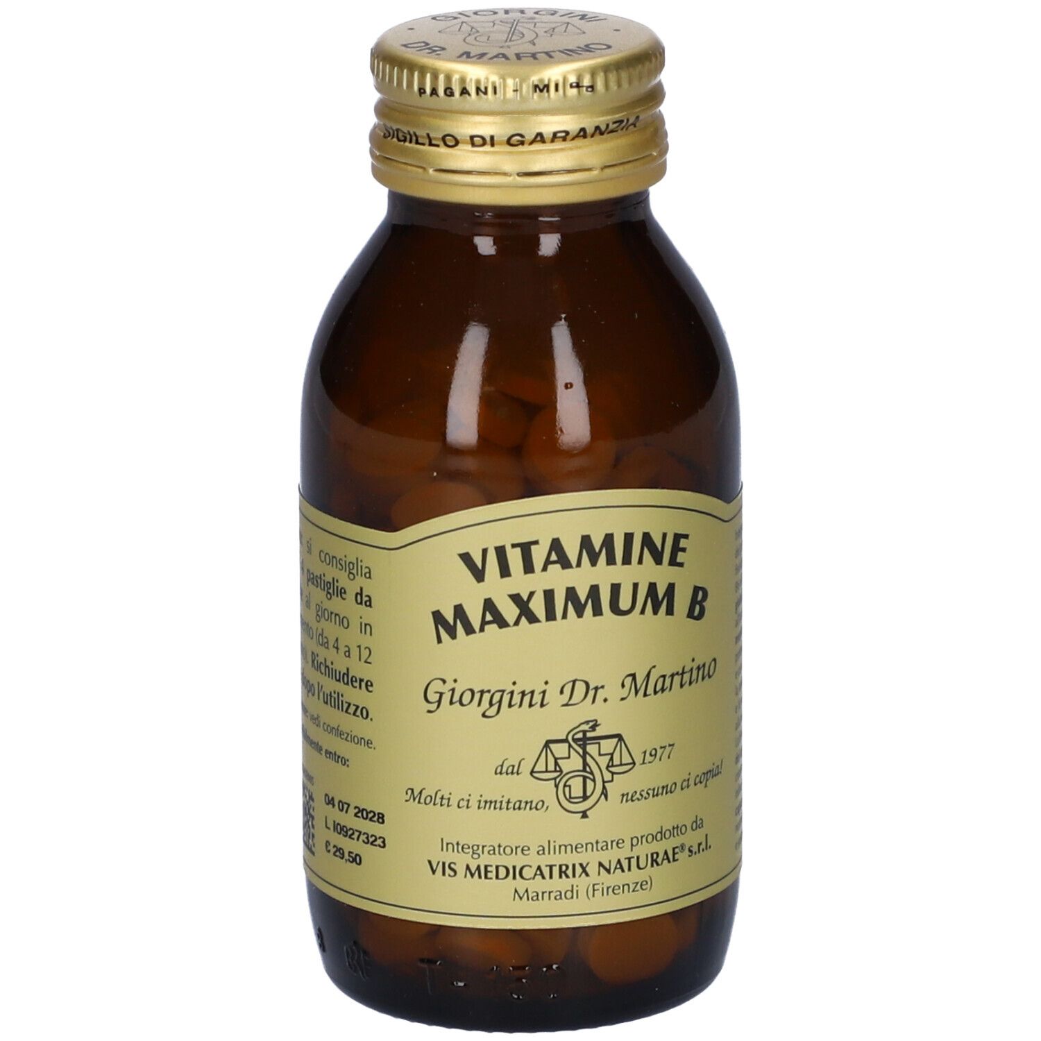 Flacon en verre brun avec comprimés. Inscription: Vitamine Maximum B, Giorgini Dr. Martino. Bouchon doré. Texte au dos.