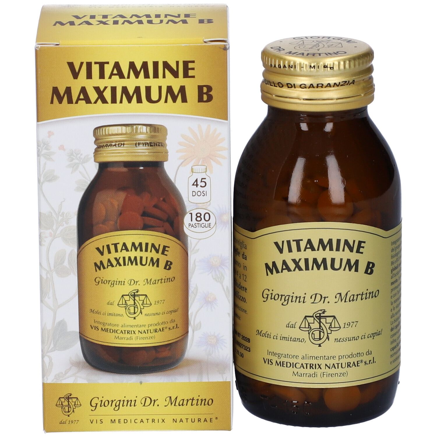 Vitamine Maximum B en boîte et flacon. Flacon en verre brun avec comprimés. Inscription: Vitamine Maximum B, 180 Pastiglie.