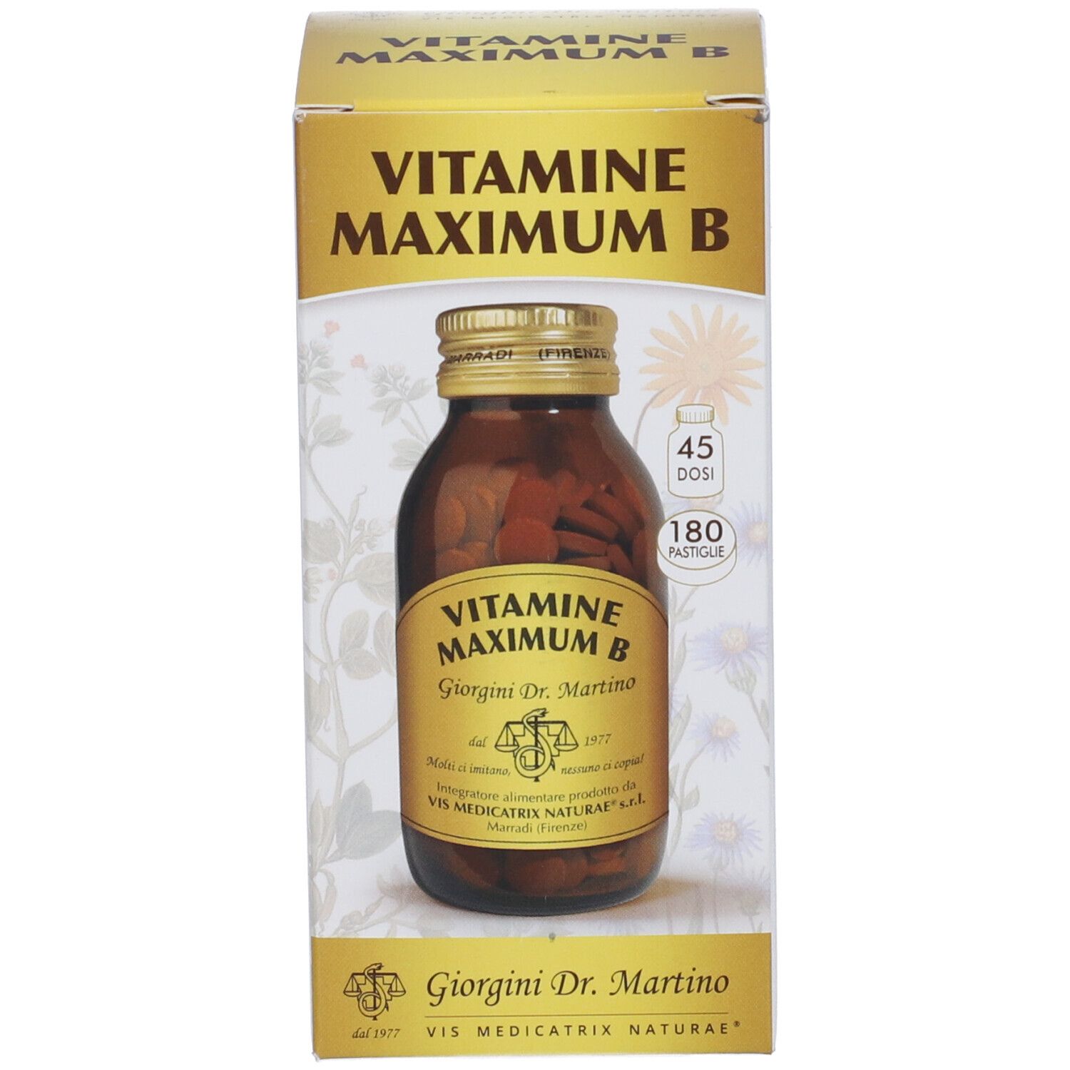 Vitamine Maximum B en boîte. Flacon en verre brun avec comprimés. Inscription: Vitamine Maximum B, 180 Pastiglie.