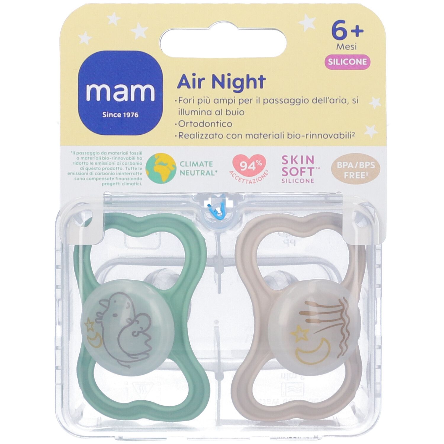 Deux sucettes MAM Air Night, 6+ mois, en silicone. Vert et beige, dans un emballage blister. Logo MAM visible.