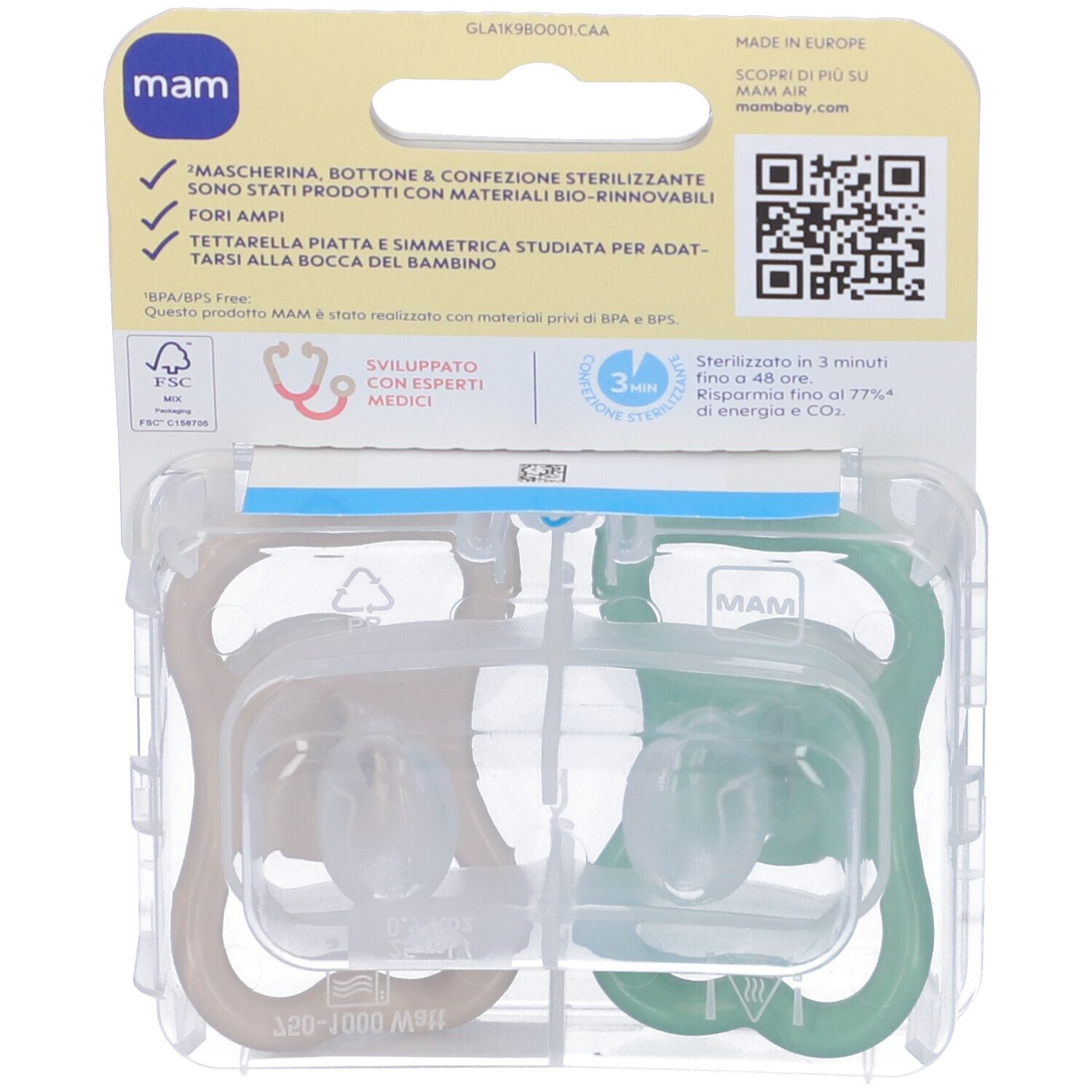 Dos de l'emballage avec deux sucettes. Vert et beige. Logo MAM, texte et QR code. Stérilisable.