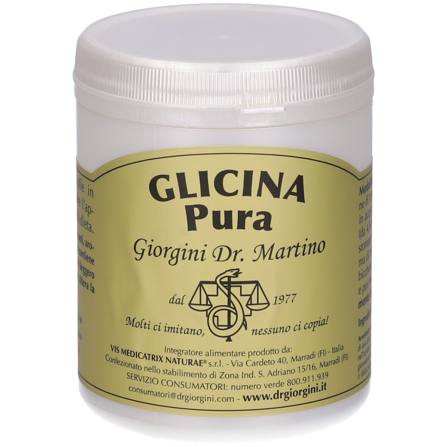 Weißes, zylindrisches Gefäß mit Deckel. Etikett mit Produktnamen und Logo. Text in italienischer Sprache.