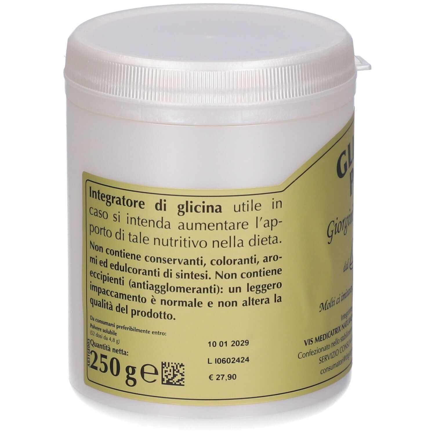 Weißes, zylindrisches Gefäß mit Deckel. Etikett mit Produktinformationen und Text in italienischer Sprache.