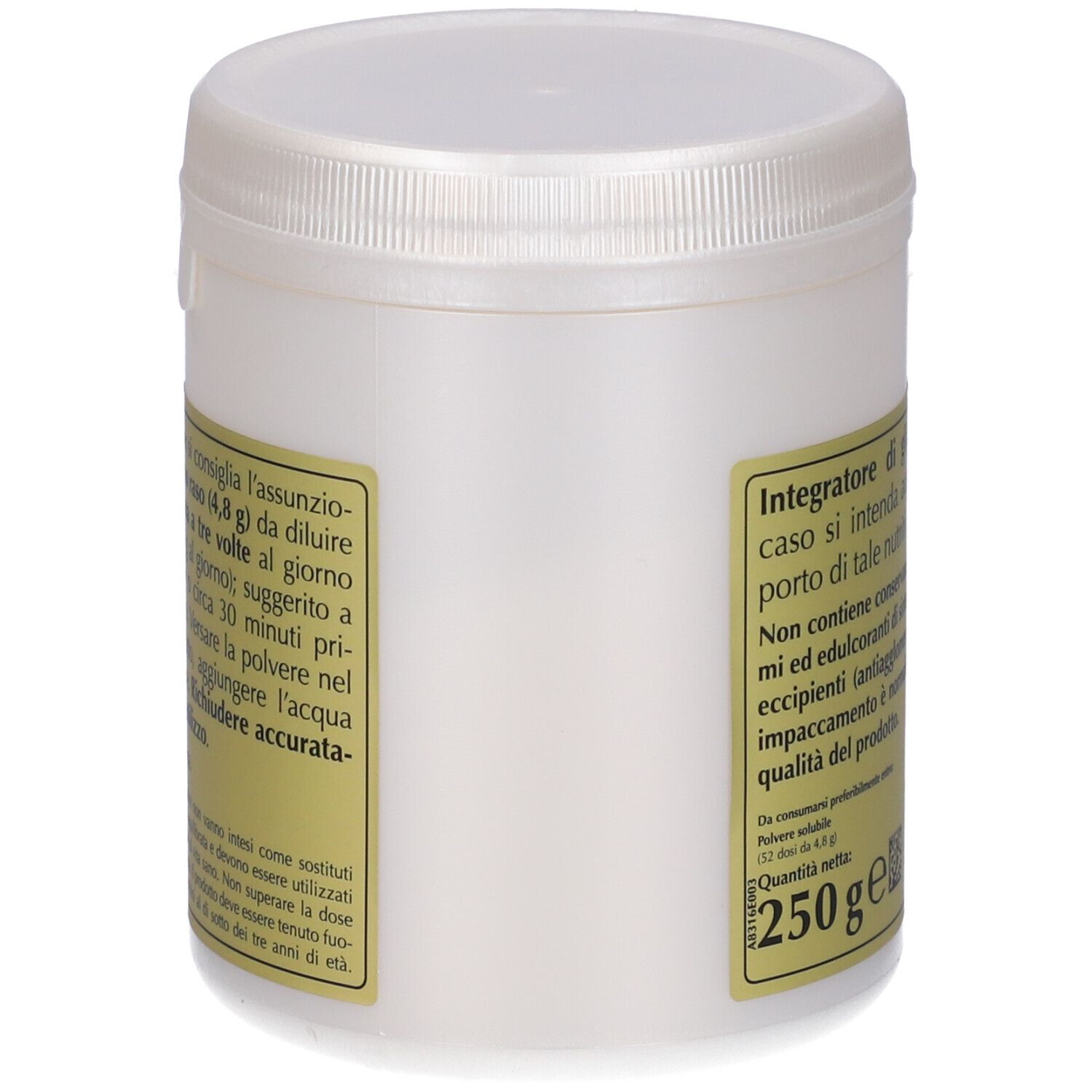 Weißes, zylindrisches Gefäß mit Deckel. Etikett mit Produktinformationen und Text in italienischer Sprache.