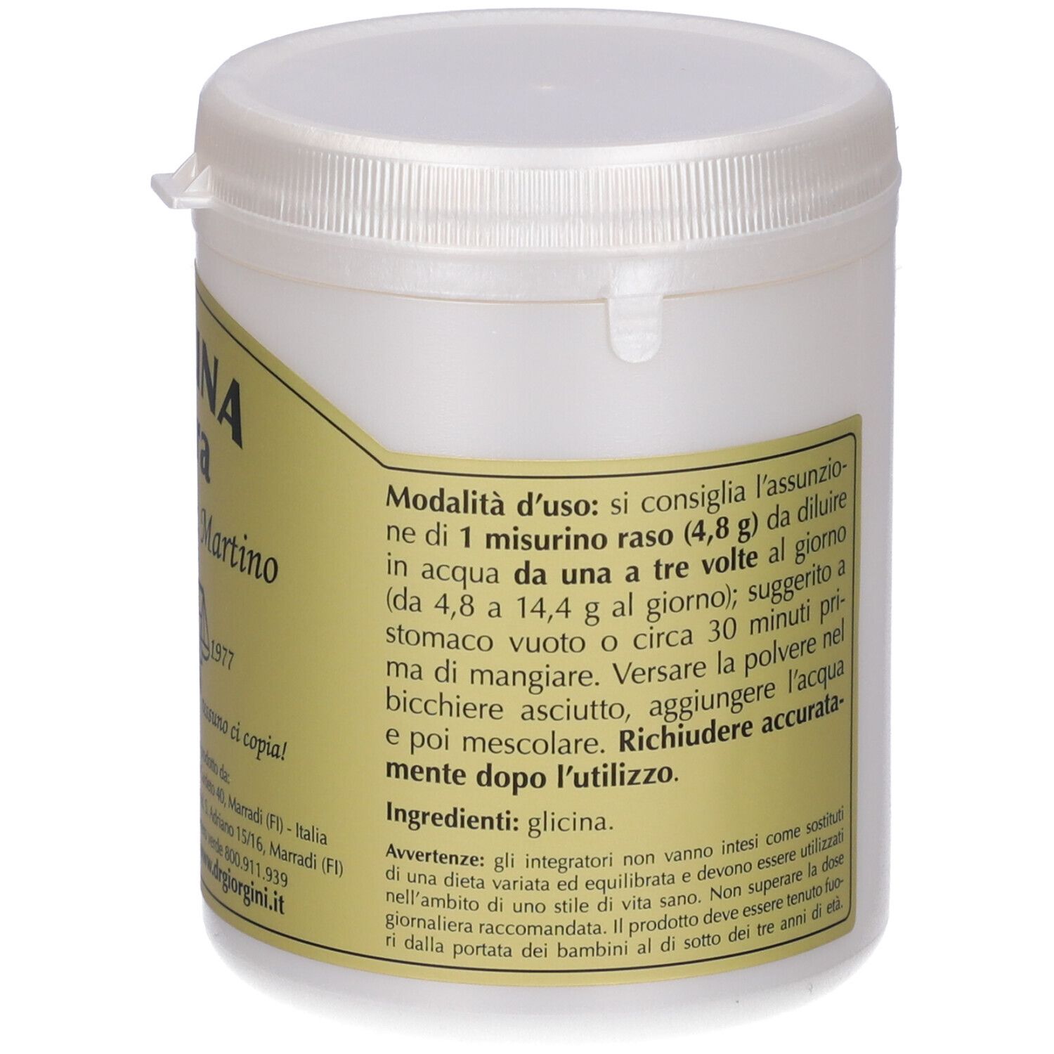 Weißes, zylindrisches Gefäß mit Deckel. Etikett mit Produktinformationen und Text in italienischer Sprache.