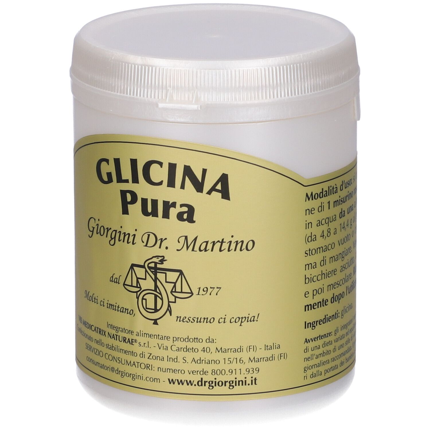 Weißes, zylindrisches Gefäß mit Deckel. Etikett mit Produktnamen und Logo. Text in italienischer Sprache.