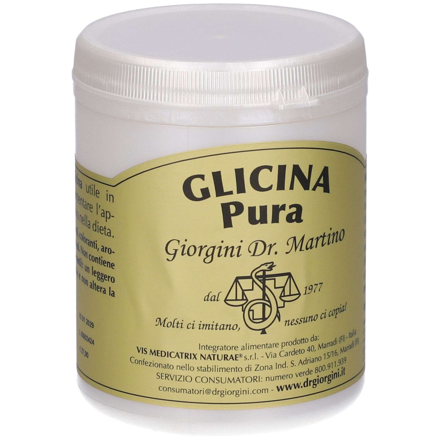 Weißes, zylindrisches Gefäß mit Deckel. Etikett mit Produktnamen und Logo. Text in italienischer Sprache.