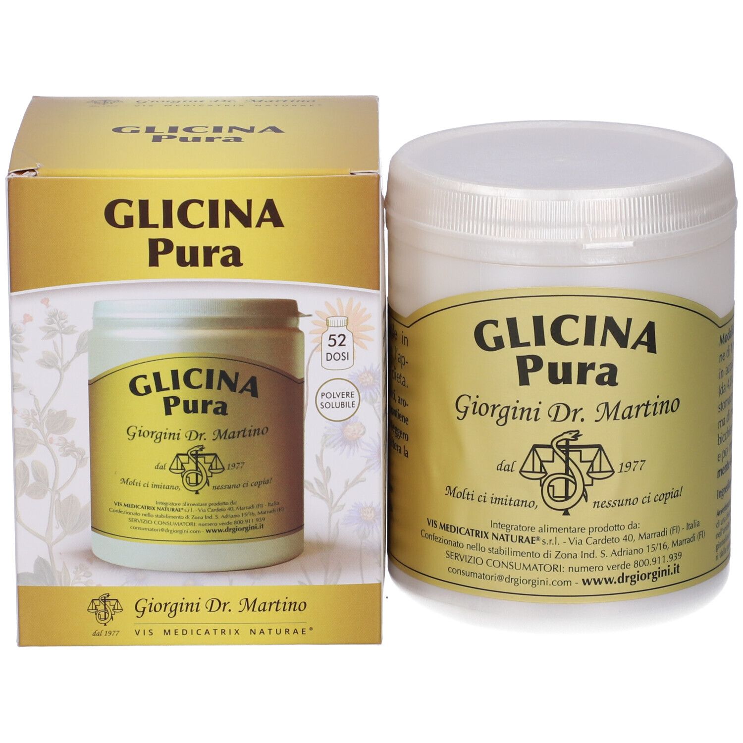 Produktverpackung mit Dose und Karton. Dose mit Etikett. Karton mit Produktnamen und Logo. Text in italienischer Sprache.