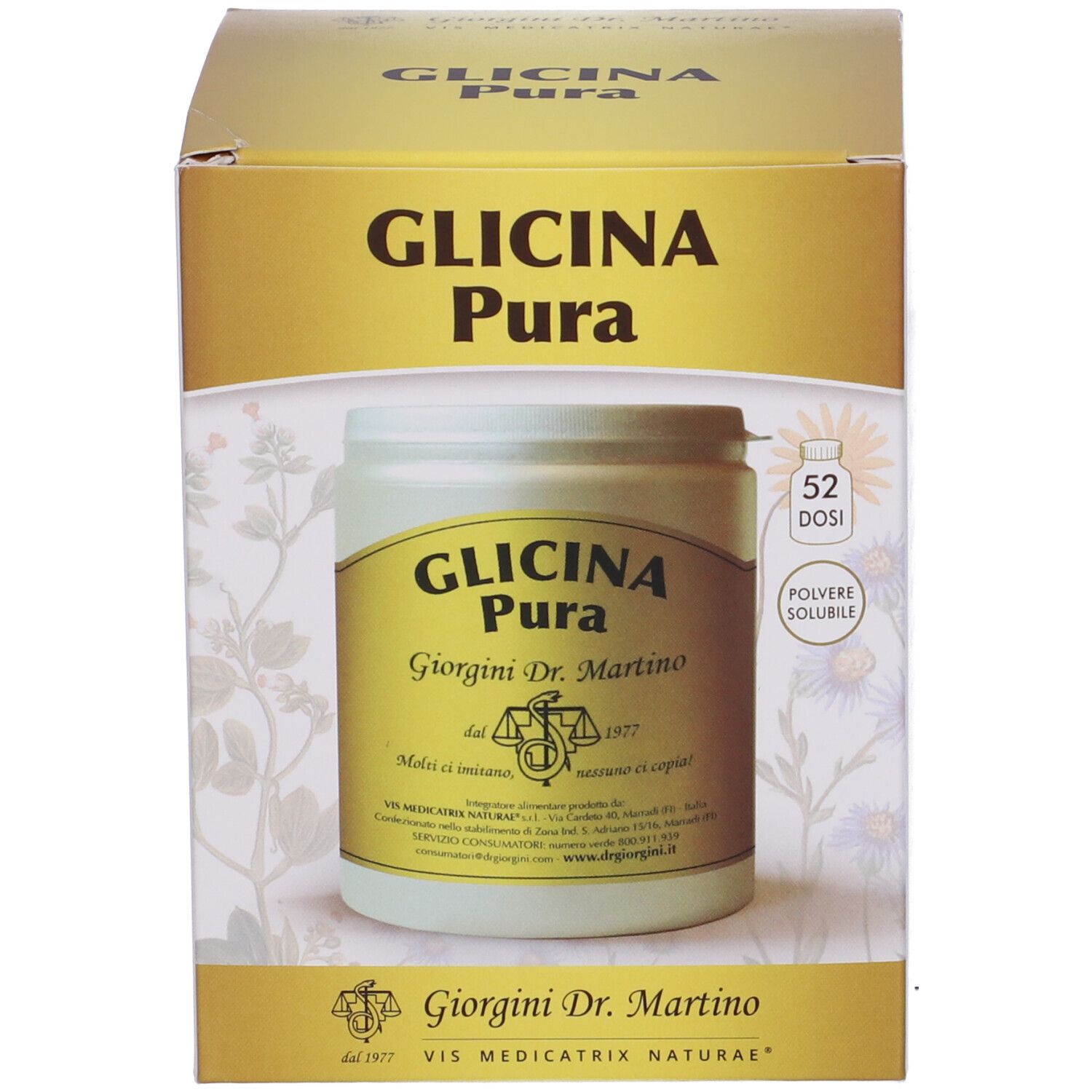 Produktverpackung mit Karton. Karton mit Produktnamen und Logo. Text in italienischer Sprache. 52 Dosen.