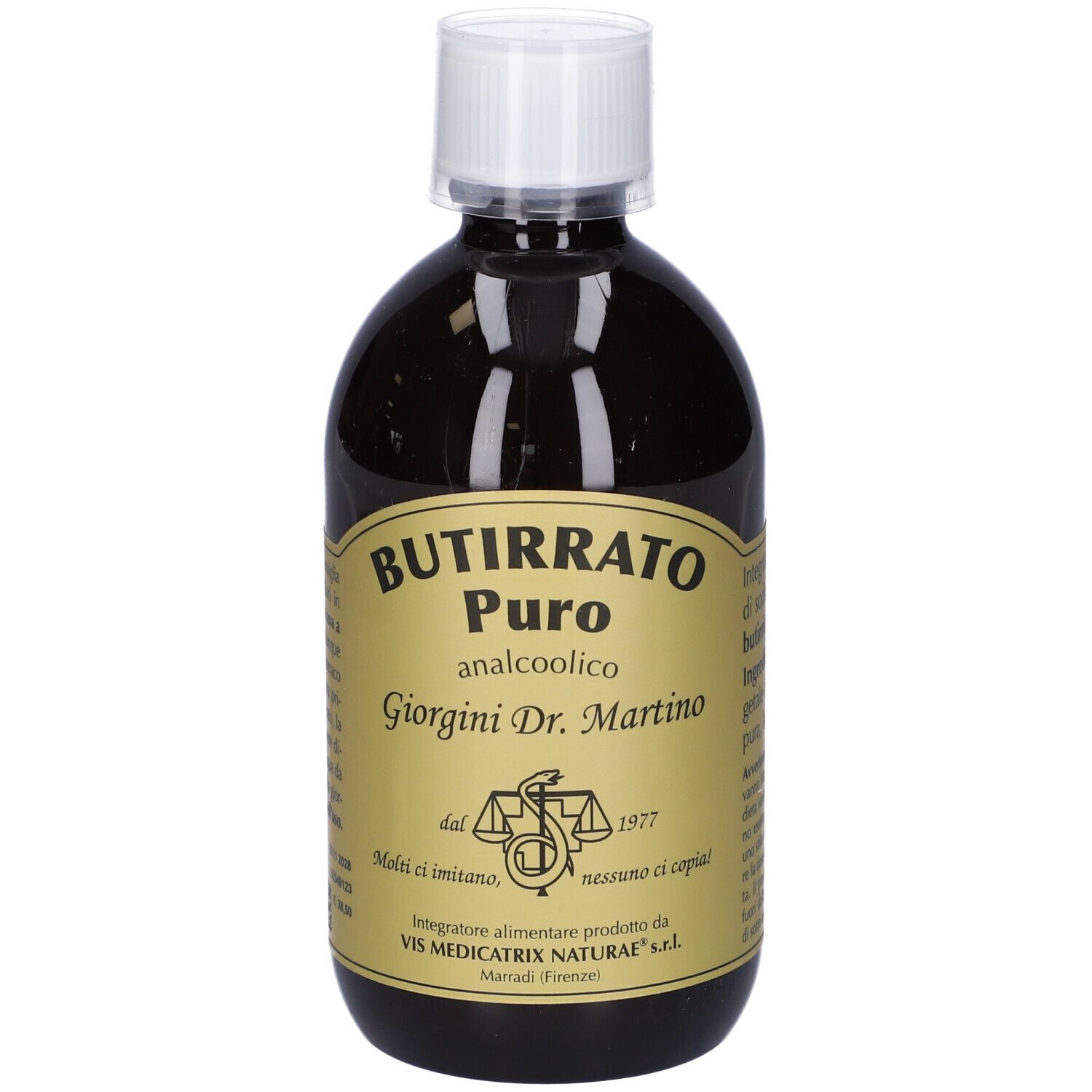Braune Flüssigkeit in einer Flasche mit weißem Verschluss. Aufschrift: BUTIRRATO PURO analcoolico Giorgini Dr. Martino.