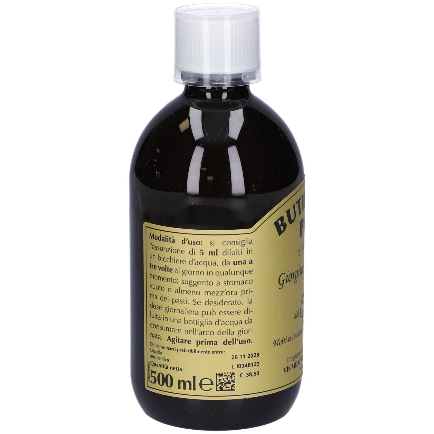 Rückseite einer Flasche mit brauner Flüssigkeit. Text: BUTIRRATO PURO. Informationen zur Anwendung und Inhaltsstoffe.