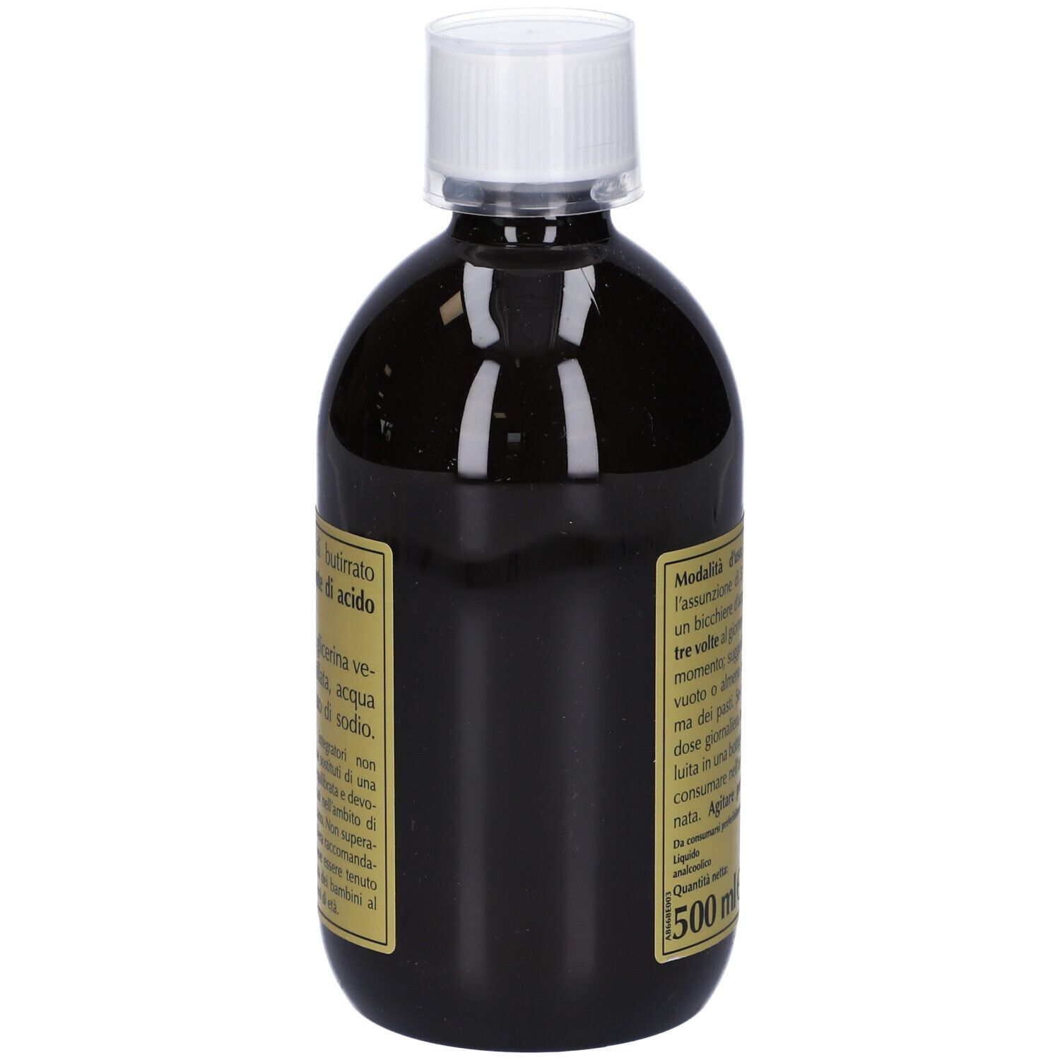 Seitenansicht einer Flasche mit brauner Flüssigkeit und weißem Verschluss. Text auf Etikett.