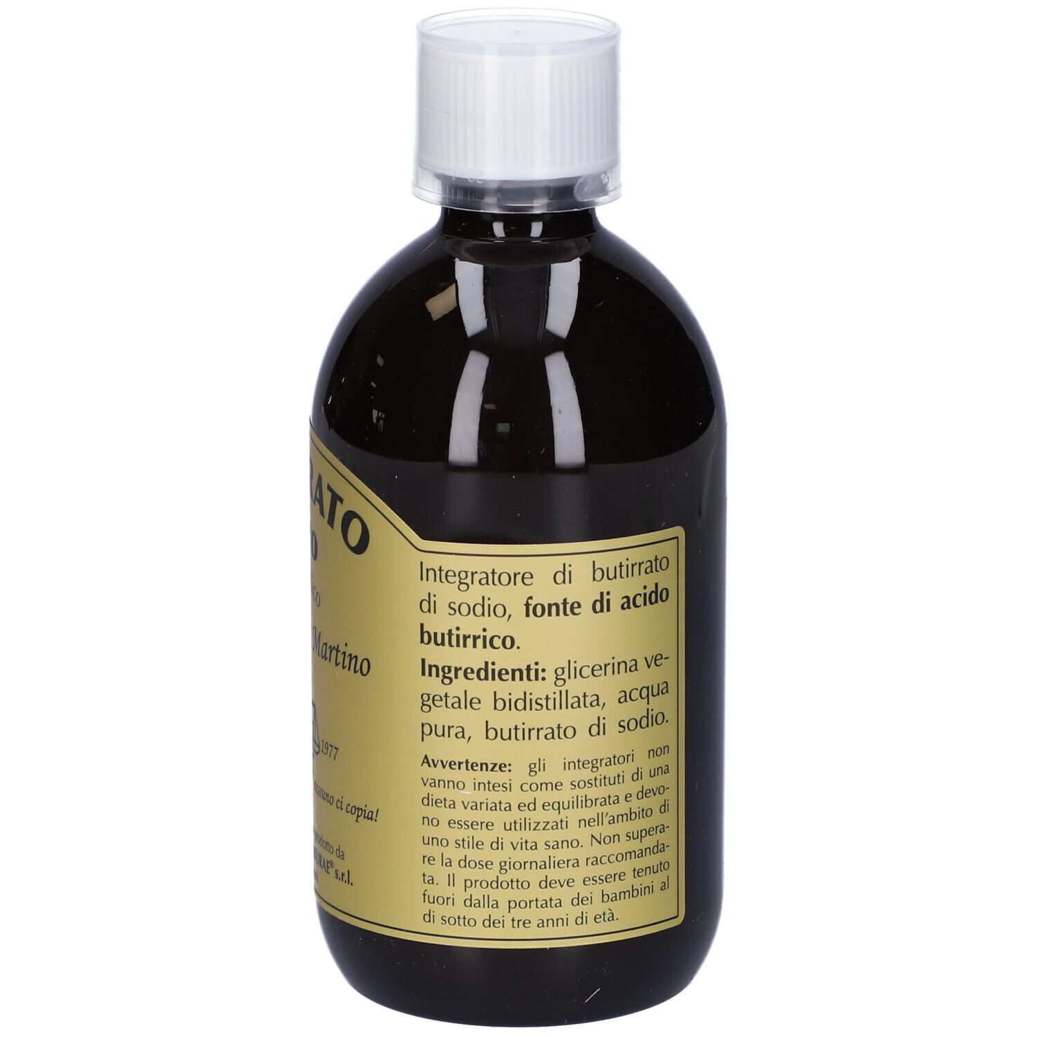 Nahaufnahme einer Flasche mit brauner Flüssigkeit. Text: BUTIRRATO PURO. Inhaltsstoffe und Warnhinweise.