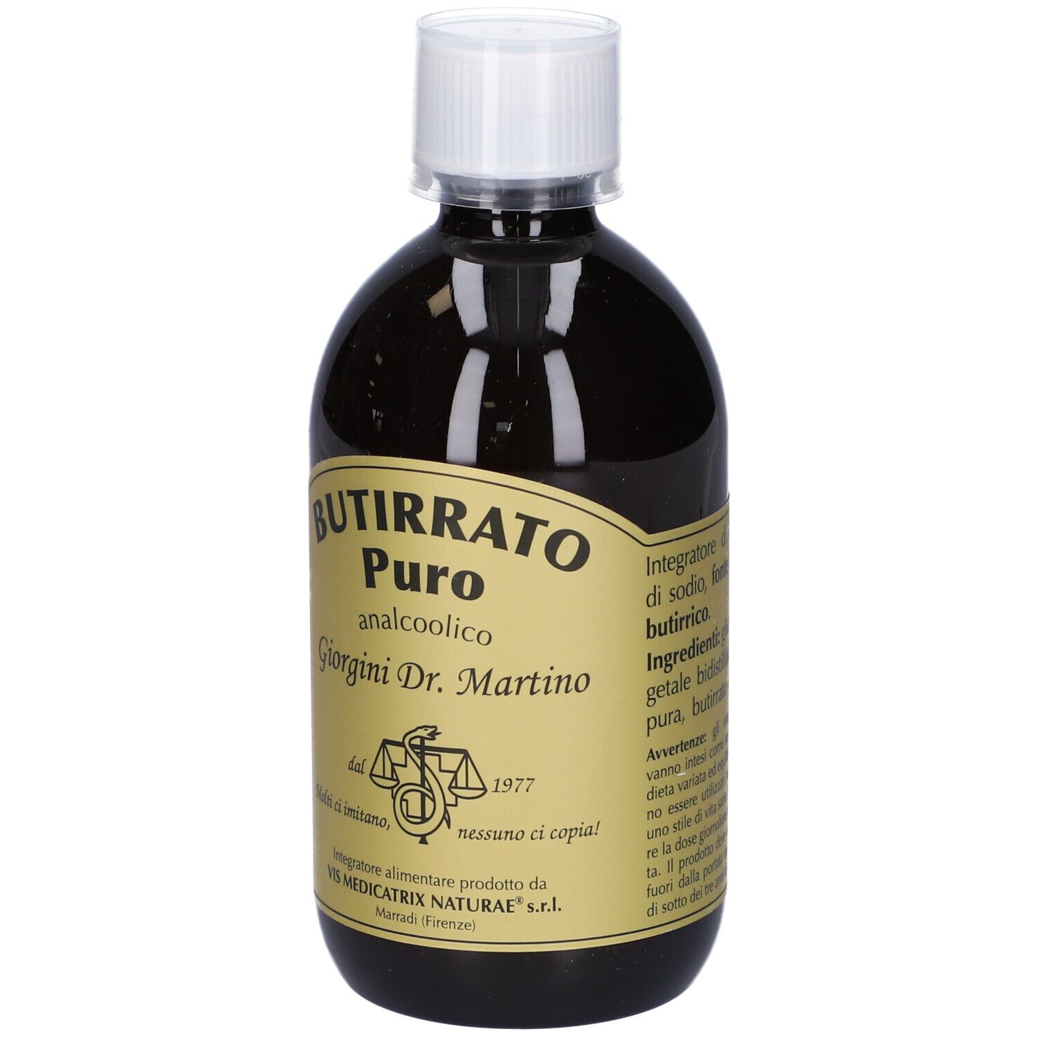 Flasche mit brauner Flüssigkeit und weißem Verschluss. Aufschrift: BUTIRRATO PURO analcoolico Giorgini Dr. Martino.