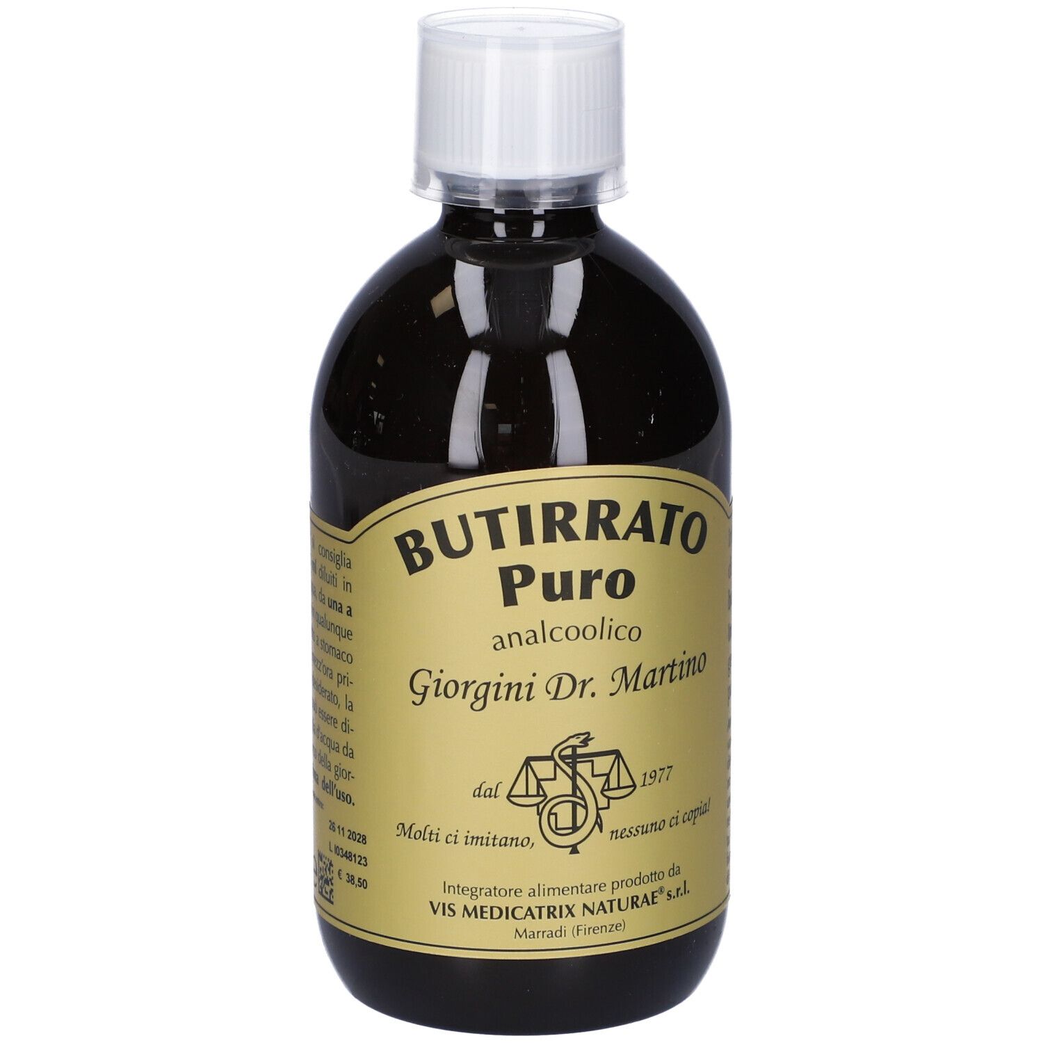 Flasche mit brauner Flüssigkeit und weißem Verschluss. Aufschrift: BUTIRRATO PURO analcoolico Giorgini Dr. Martino.