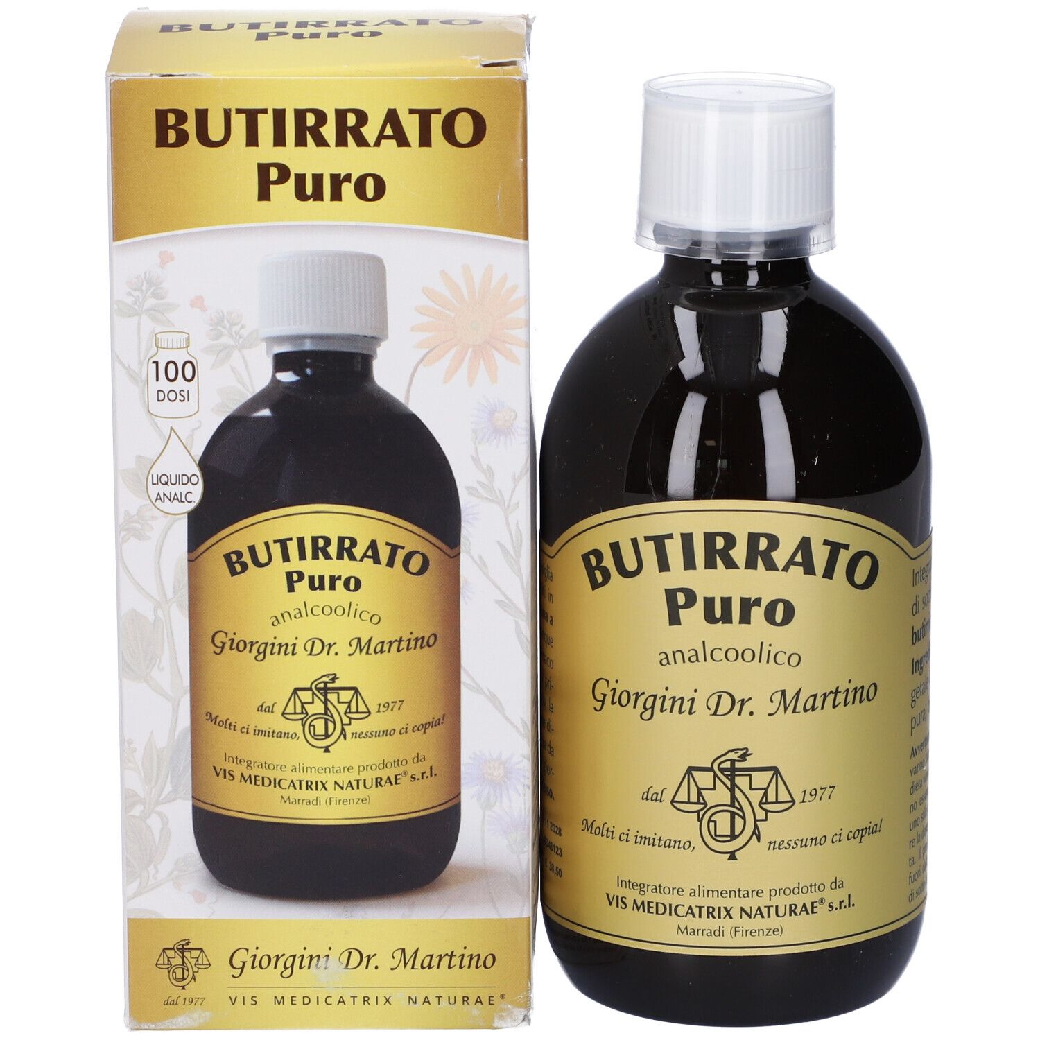 Produktverpackung mit Flasche. Aufschrift: BUTIRRATO PURO. Flasche mit brauner Flüssigkeit und weißem Verschluss.