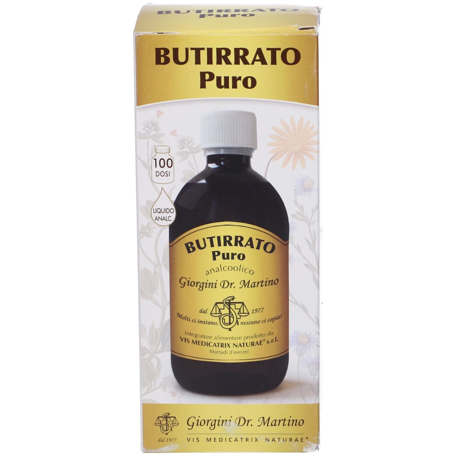 Produktverpackung mit Flasche. Aufschrift: BUTIRRATO PURO. Flasche mit brauner Flüssigkeit und weißem Verschluss.