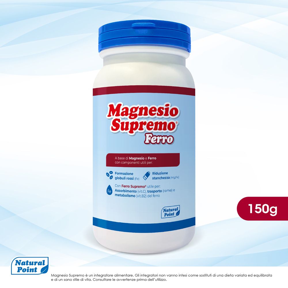Weißes Fläschchen mit blauem Deckel. Aufschrift: Magnesio Supremo Ferro. 150g. Natural Point Logo. Rote und blaue Details.