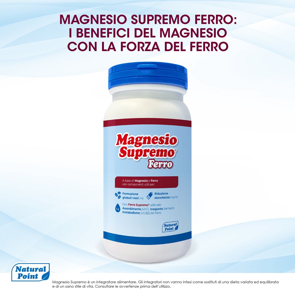Weißes Fläschchen mit blauem Deckel. Aufschrift: Magnesio Supremo Ferro. Text in roter Schrift. Natural Point Logo.
