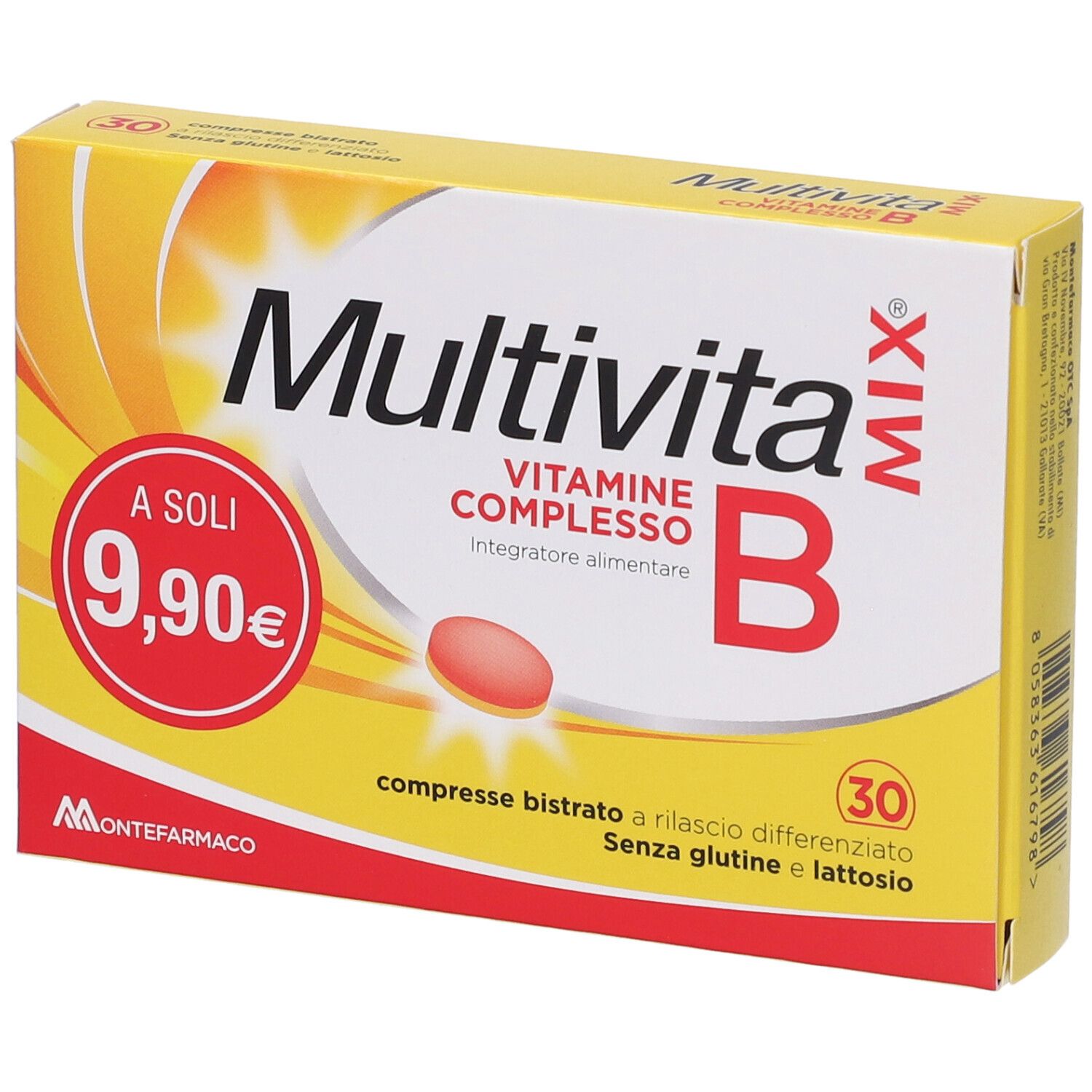Gelbe Schachtel mit Aufschrift Multivitamix Vitamine Complesso B. Roter Kreis mit Preis. 30 Tabletten, glutenfrei und laktosefrei.