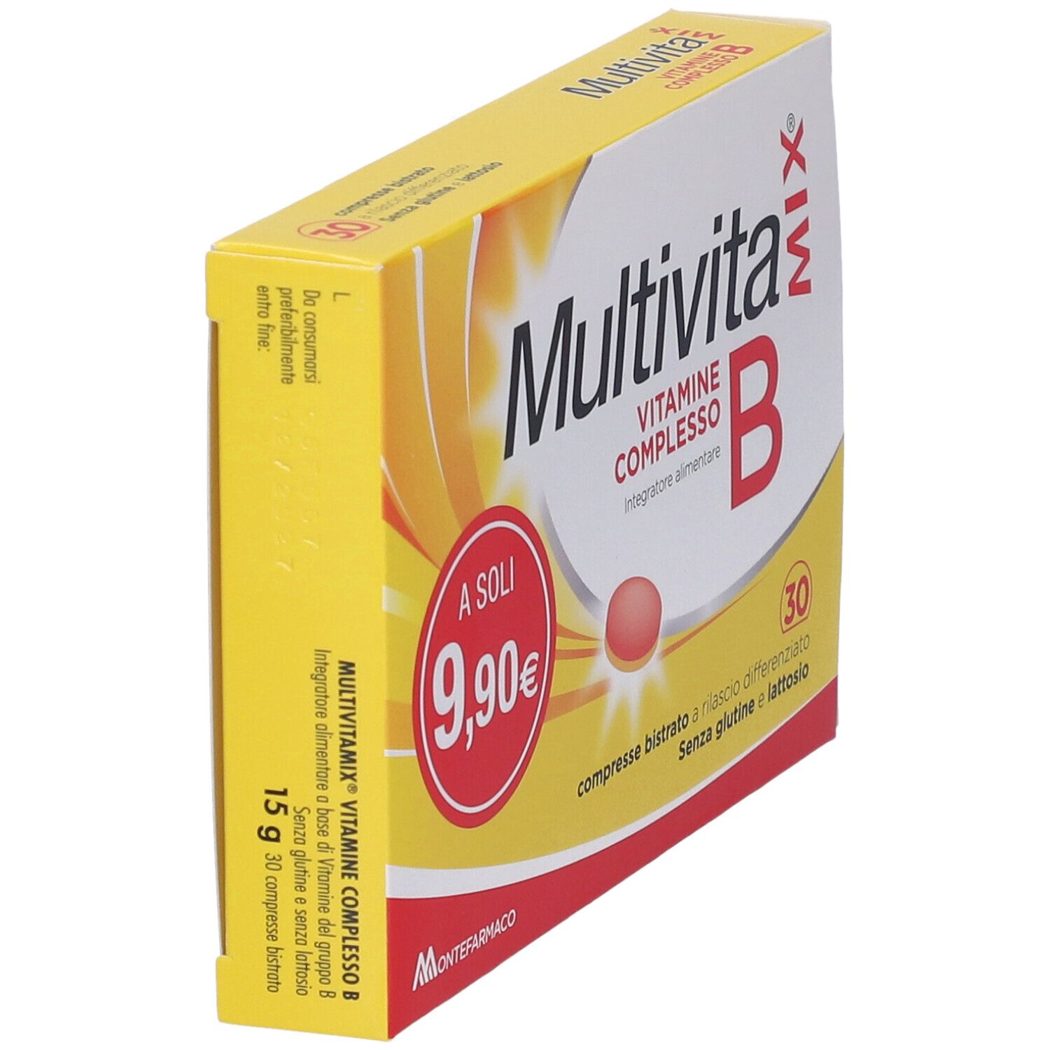 Gelbe Schachtel, Multivitamix Vitamine Complesso B. 30 Tabletten. Aufschrift: senza glutine e lattosio. 15 g.