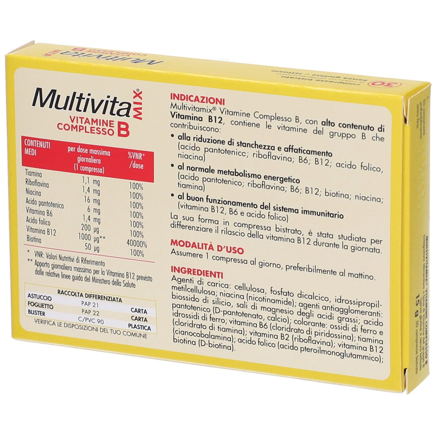 Gelbe Schachtel, Rückseite mit Inhaltsangaben und Inhaltsstoffen. Multivitamix Vitamine Complesso B. Text in italienischer Sprache.