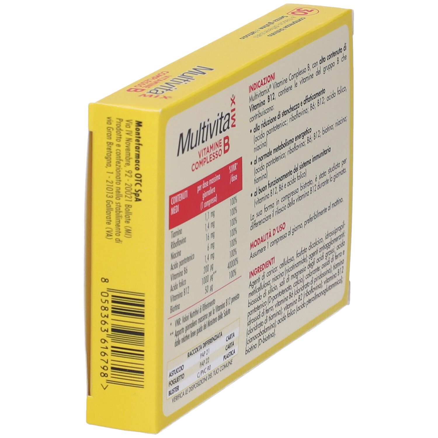 Gelbe Schachtel, Seitenansicht. Multivitamix Vitamine Complesso B. Text in italienischer Sprache. 30 Tabletten.
