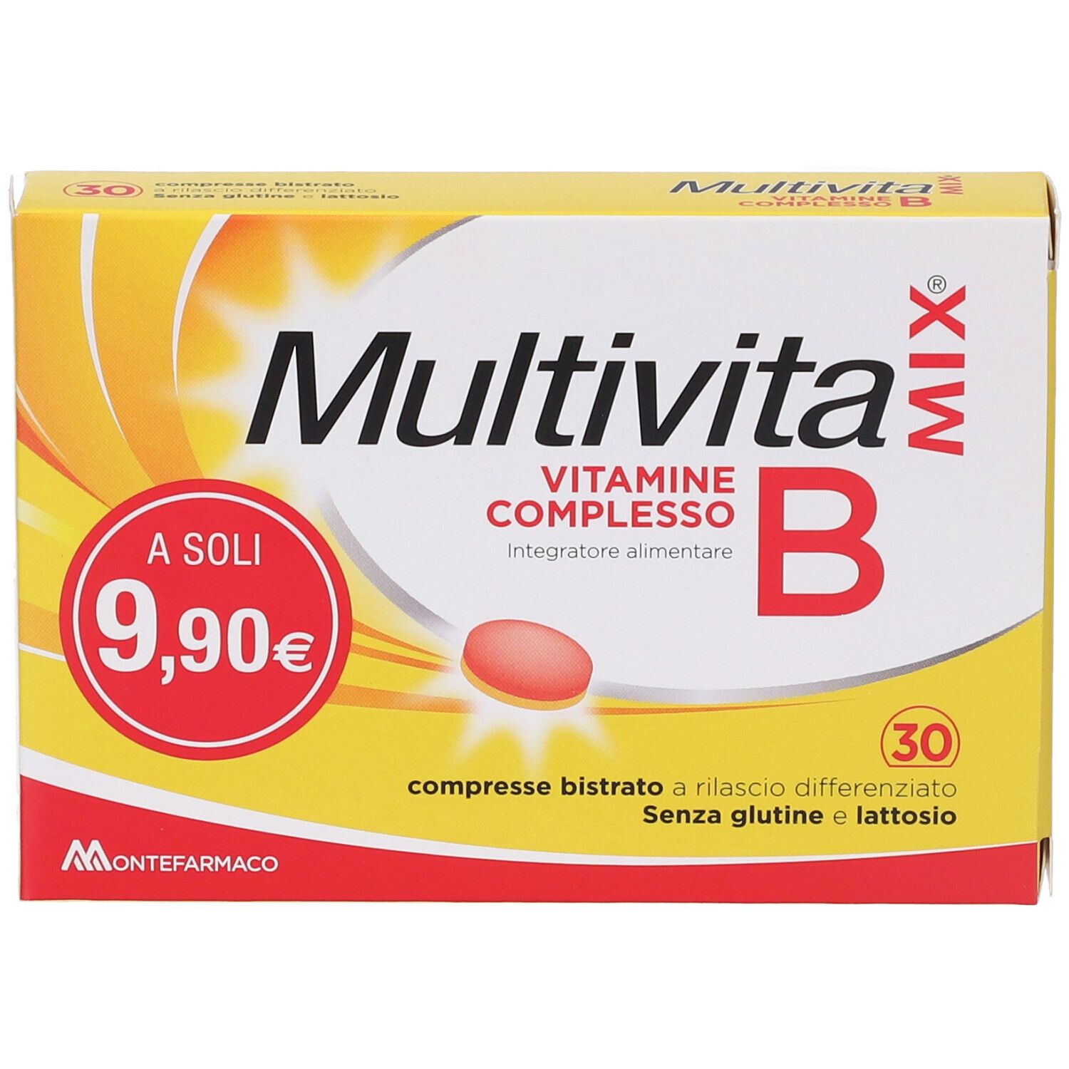 Gelbe Schachtel, Multivitamix Vitamine Complesso B. Roter Kreis mit Preis. 30 Tabletten, glutenfrei und laktosefrei.