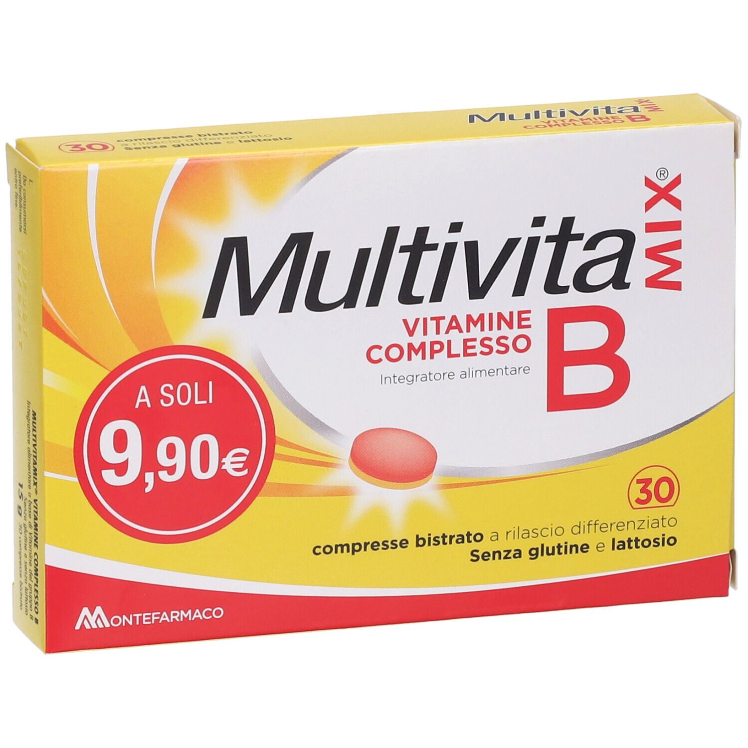 Gelbe Schachtel, Multivitamix Vitamine Complesso B. Roter Kreis mit Preis. 30 Tabletten, glutenfrei und laktosefrei.