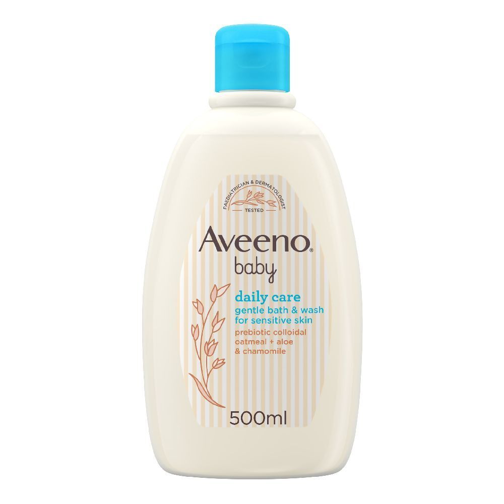 Flasche Aveeno Baby Daily Care. Weiß, mit blauem Deckel. Aufschrift: Aveeno Baby, tägliche Pflege, sanftes Bad & Waschmittel für empfindliche Haut. 500ml.