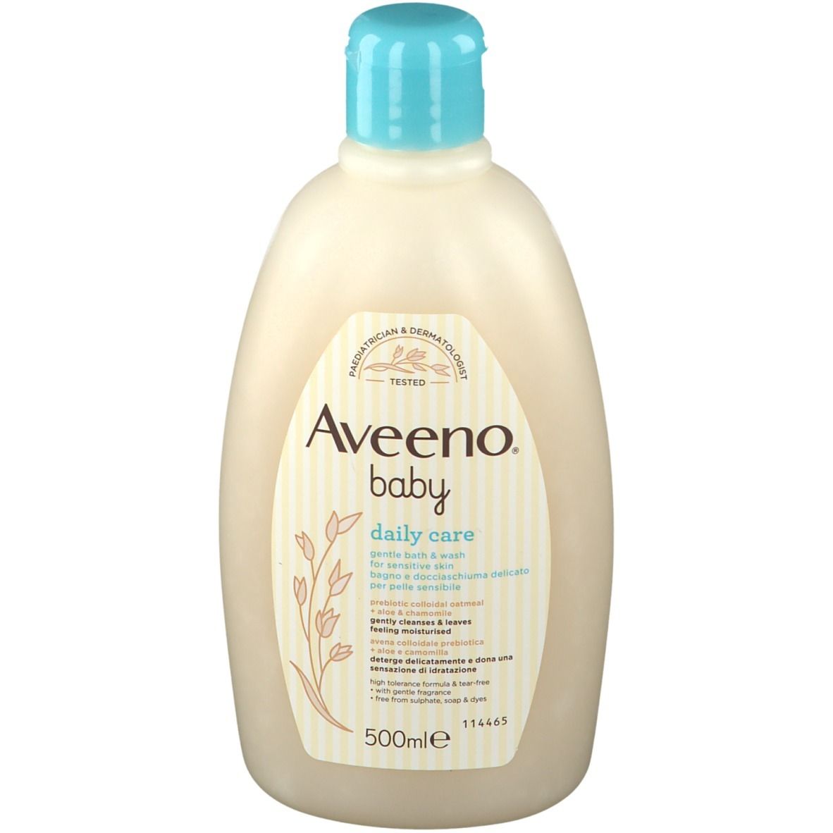 Flasche Aveeno Baby Daily Care. Weiß, mit blauem Deckel. Aufschrift: Aveeno Baby, tägliche Pflege, sanftes Bad & Waschmittel für empfindliche Haut. 500ml.