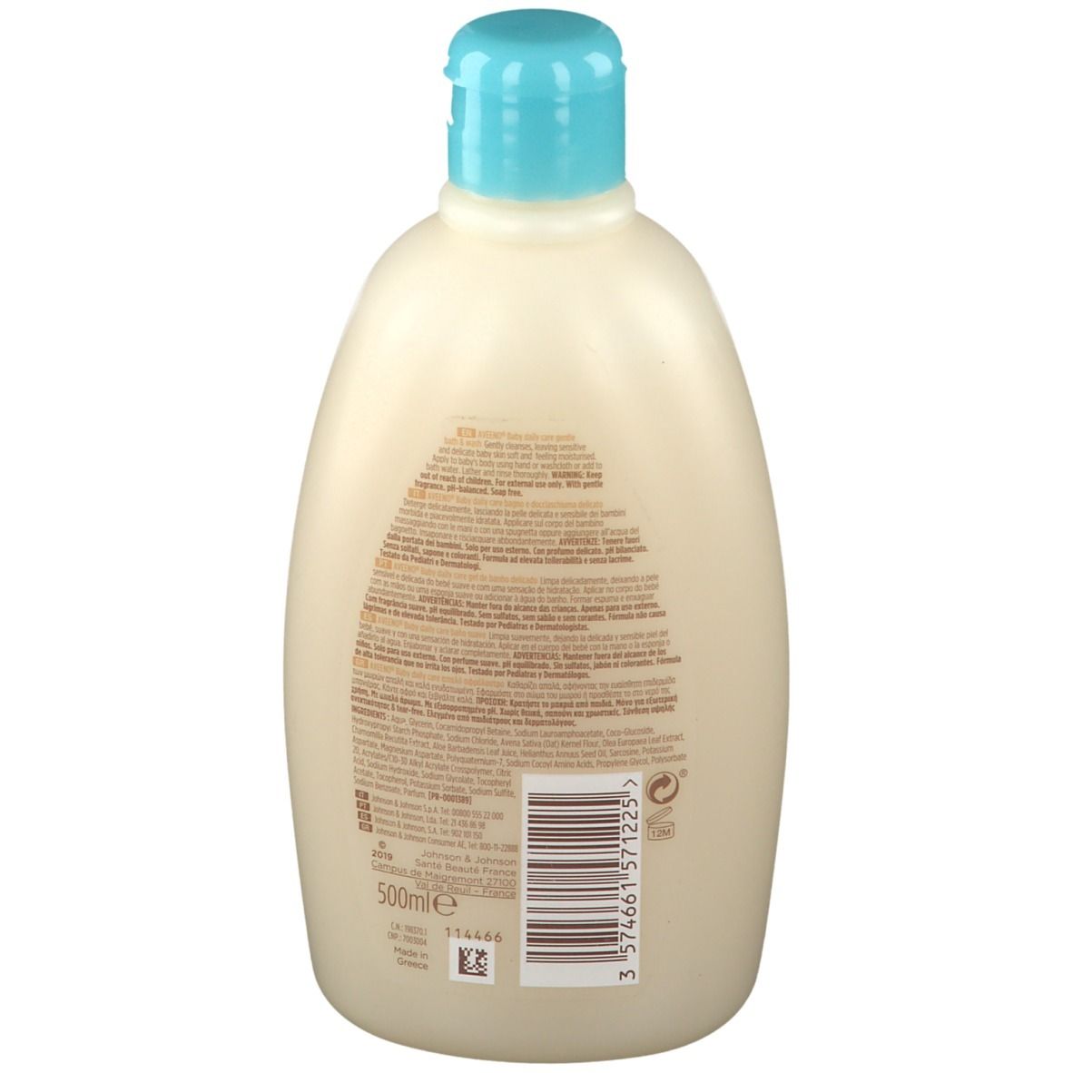 Rückseite der Aveeno Baby Daily Care Flasche. Weiß, mit blauem Deckel. Text in mehreren Sprachen. 500ml.