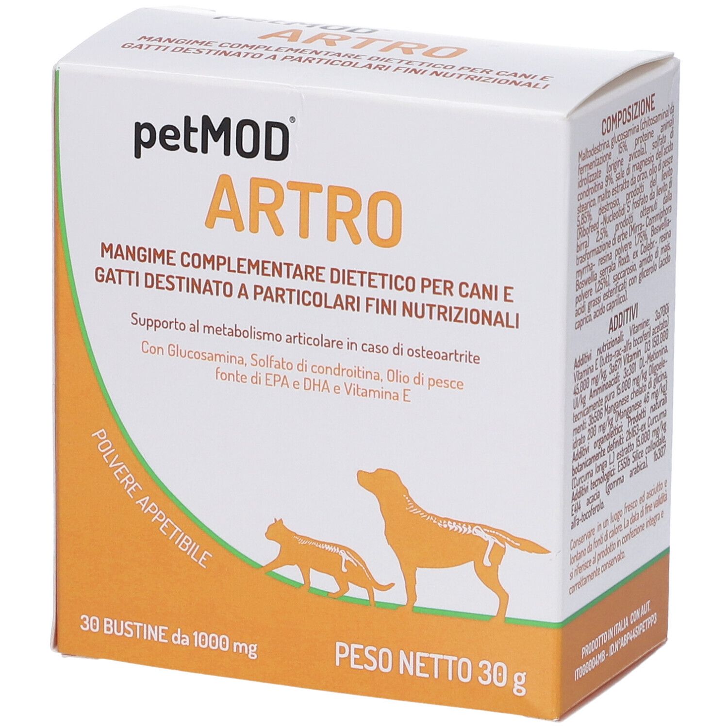 Boîte avec nom et logo du produit. Contient 30 sachets. Illustration d'un chien et d'un chat.