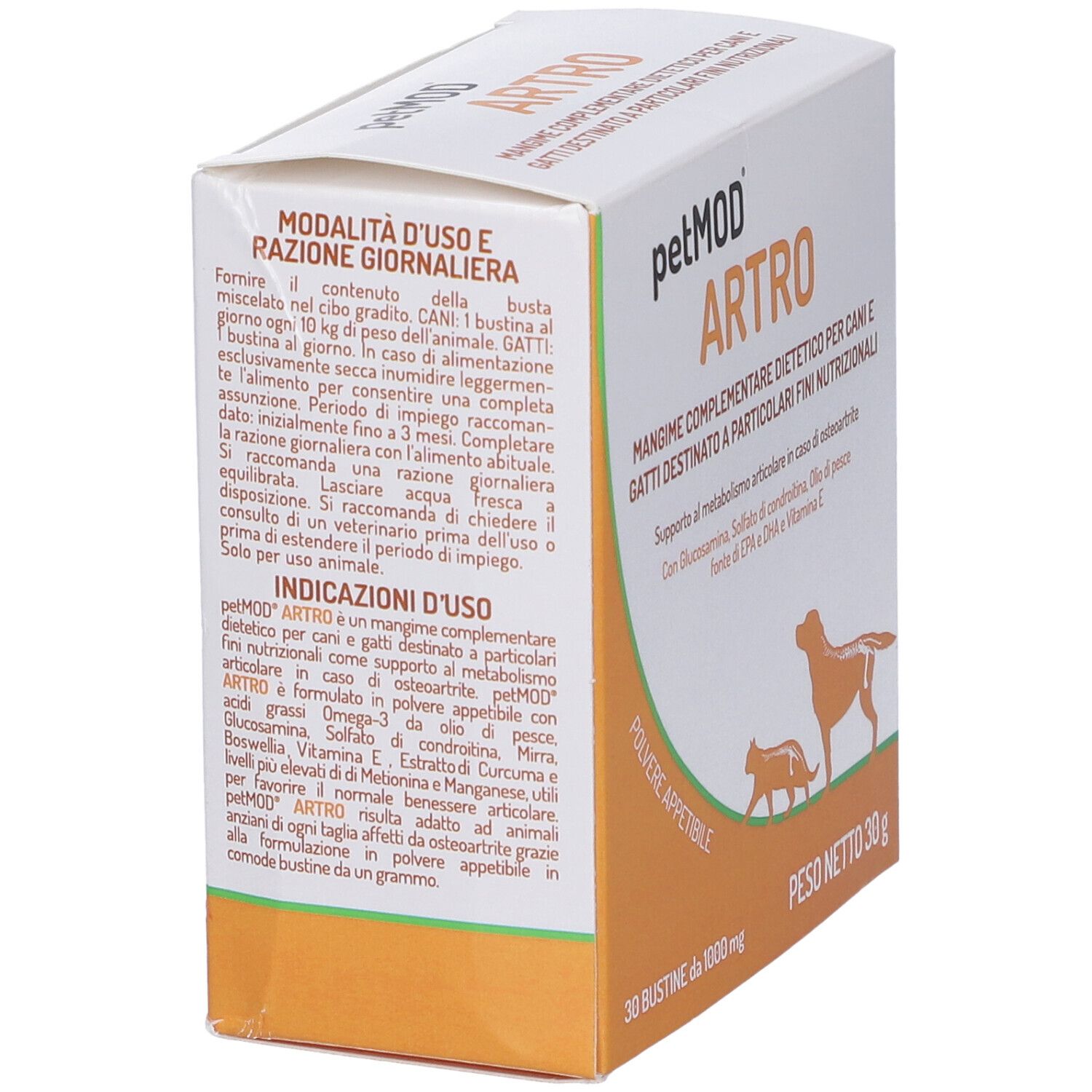 Boîte avec informations sur le produit. Texte en italien. Illustration d'un chien et d'un chat.