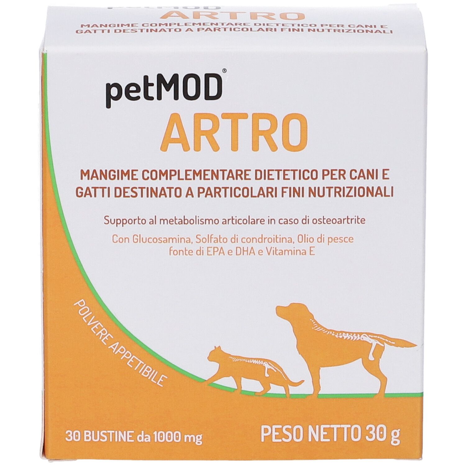 Boîte avec nom et logo du produit. Contient 30 sachets. Illustration d'un chien et d'un chat.