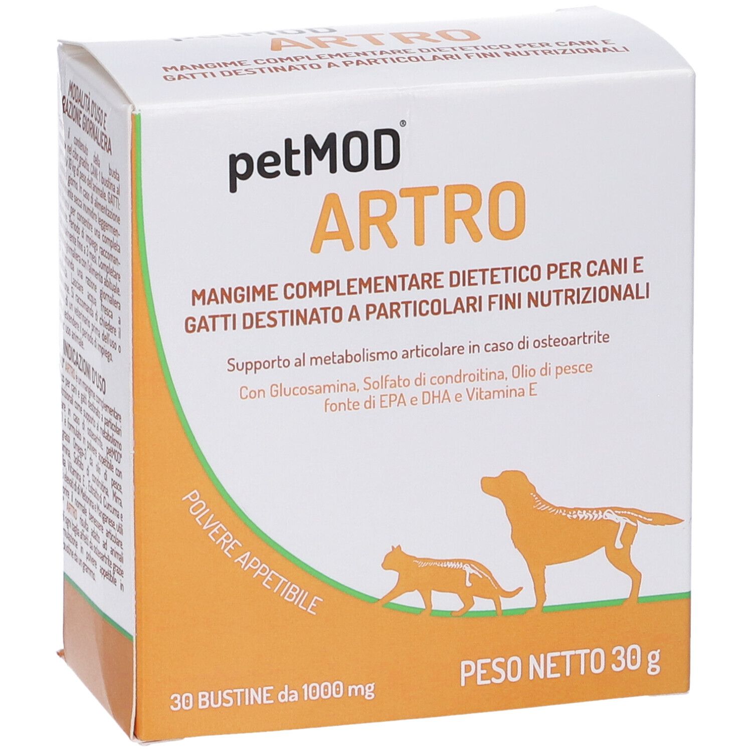 Boîte avec nom et logo du produit. Contient 30 sachets. Illustration d'un chien et d'un chat.