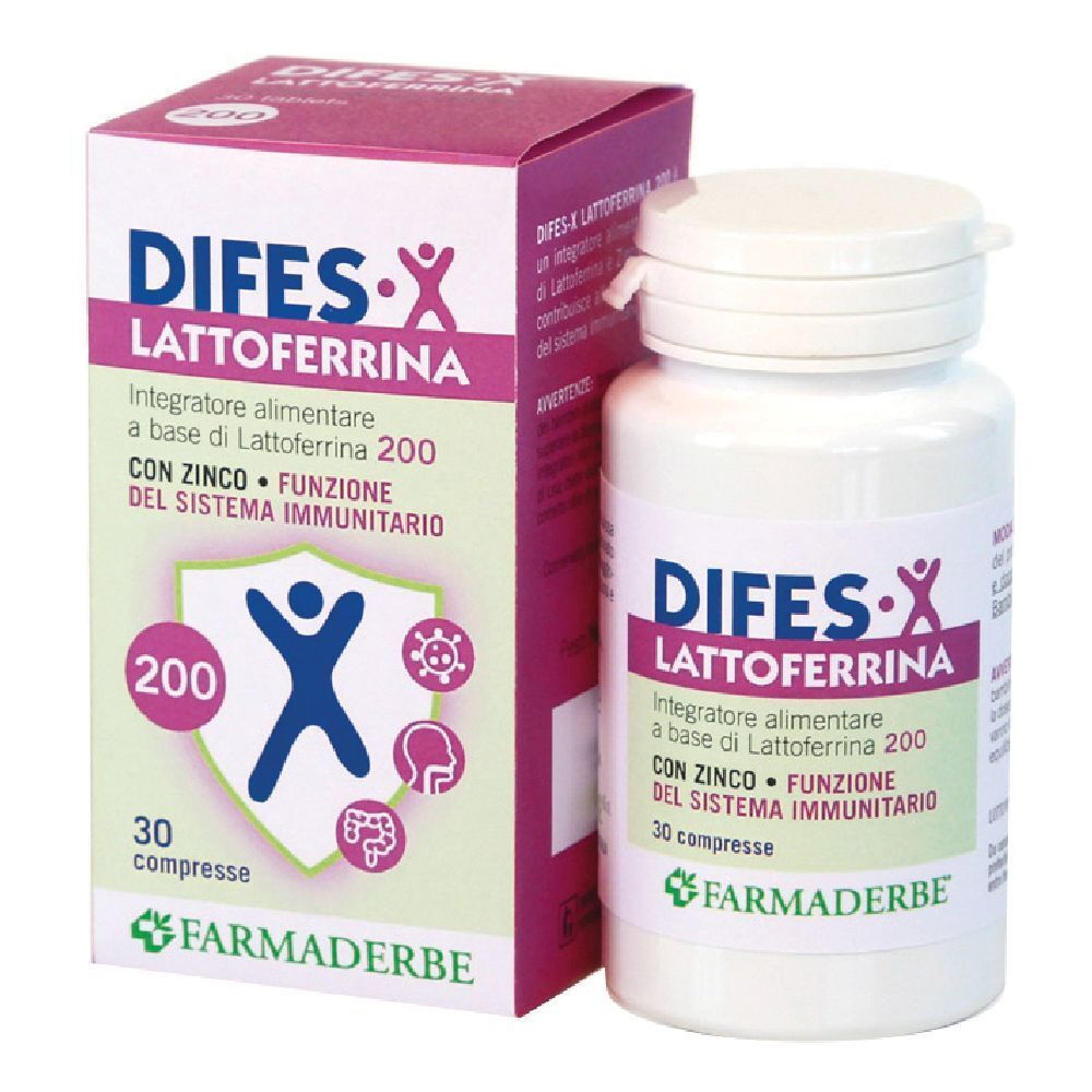 DIFES-X Lactoferrin 200 Tabletten mit Zink. Produktverpackung und Flasche. 30 Tabletten. Marke FARMADERBE.