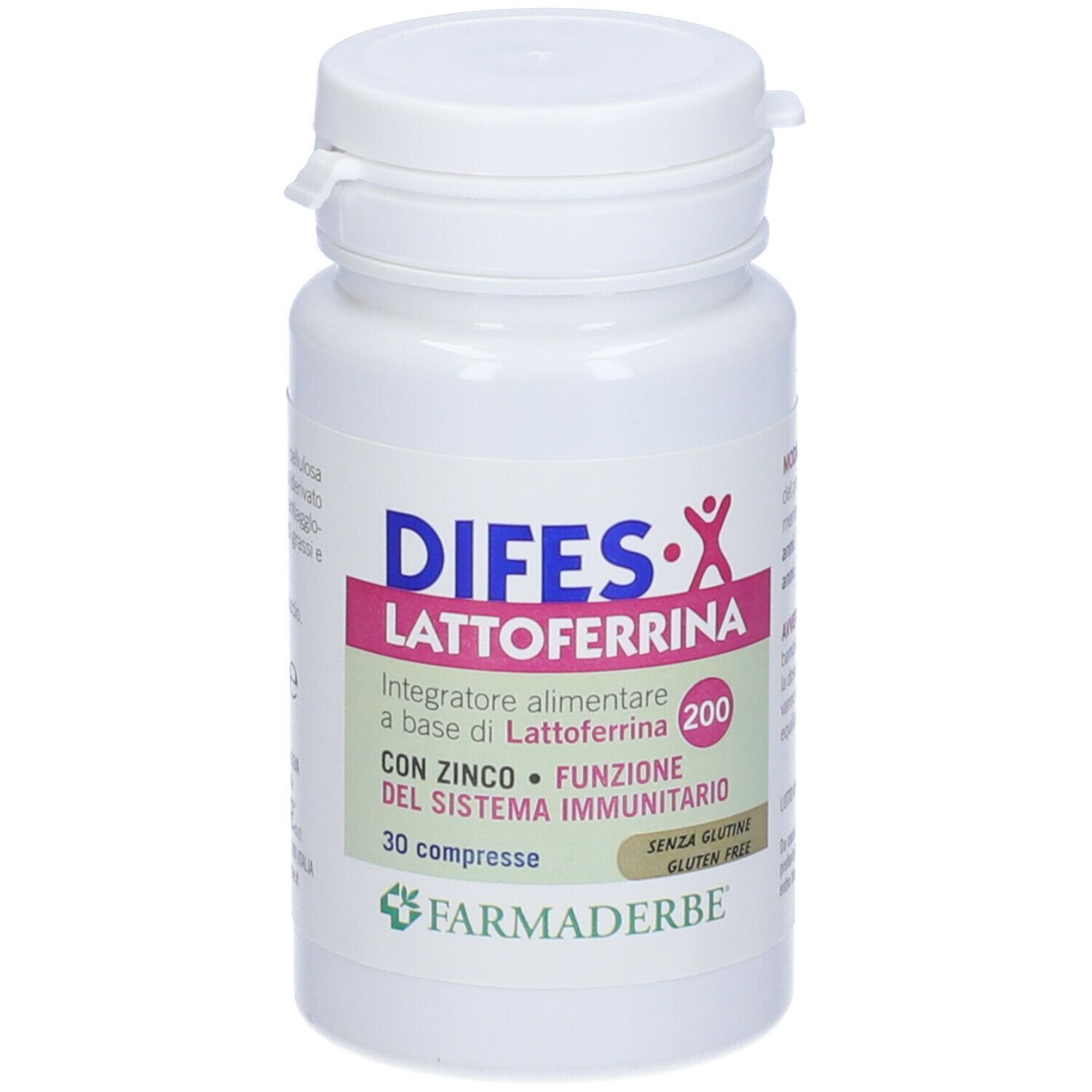 Flasche DIFES-X Lactoferrin 200 mit Zink Tabletten. 30 Tabletten. Marke FARMADERBE. Glutenfrei.